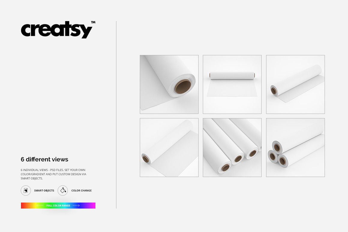 Cotton fabric material roll mockup set showing six different views of white rolls on a neutral background.