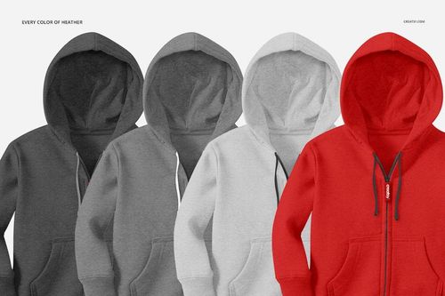 Kids hoodie PSD mockup featuring four hoodies in neutral tones and vibrant red, arranged against a white backdrop.