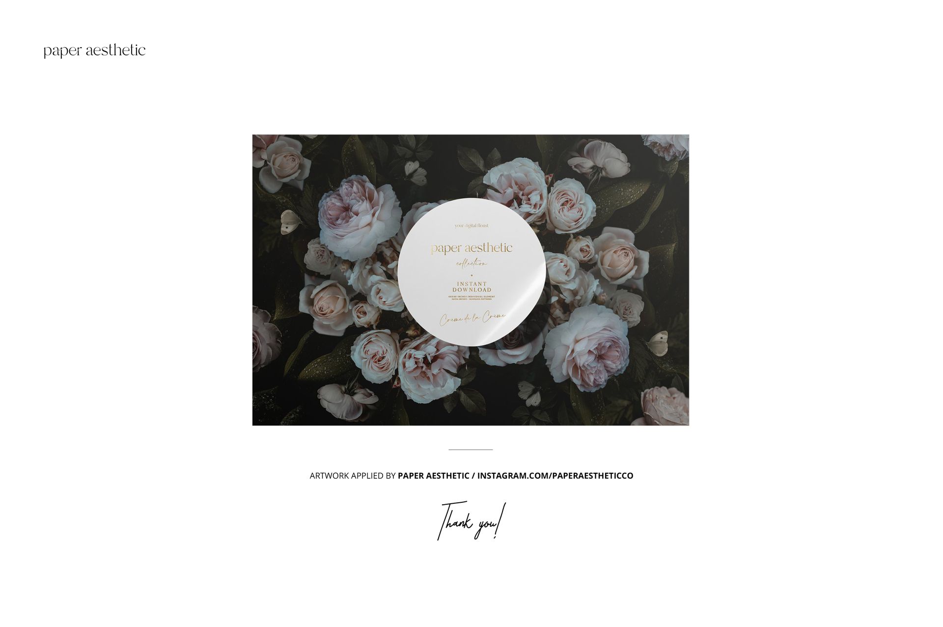 Front view of a non-woven vinyl wallpaper mockup featuring a floral pattern with roses and dark background.