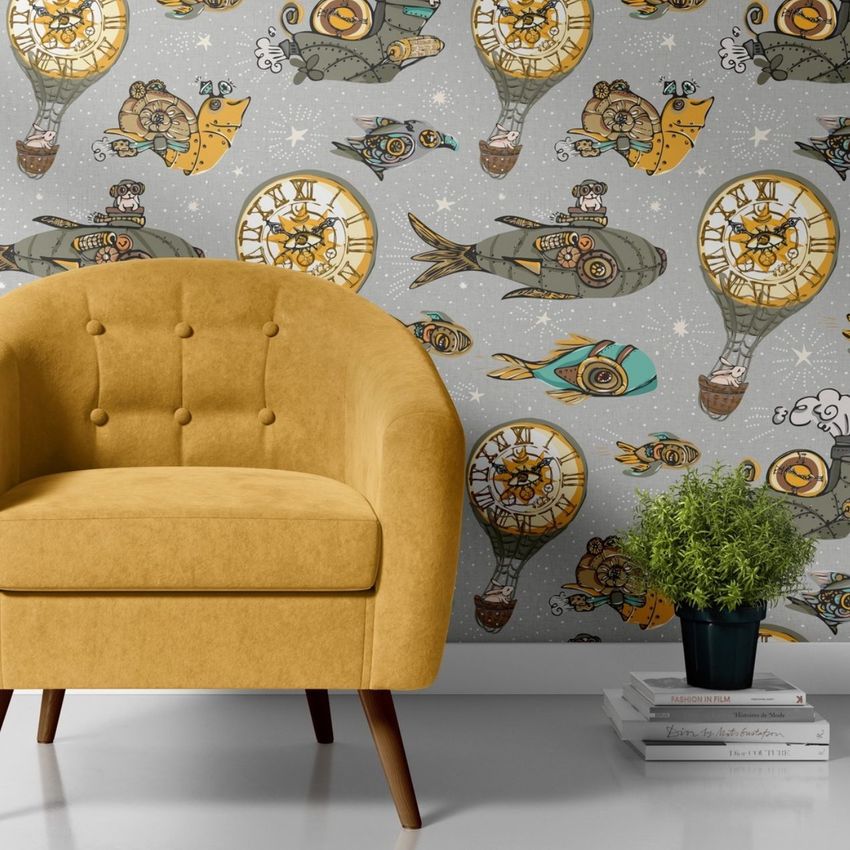 Interior scene mockup showing a mustard yellow armchair in front of a whimsical wallpaper with steampunk time machine illustrations.