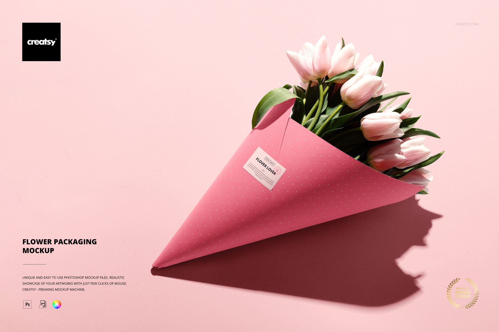 Front view of a pink flower packaging mockup holding light pink tulips, set against a solid pastel background.