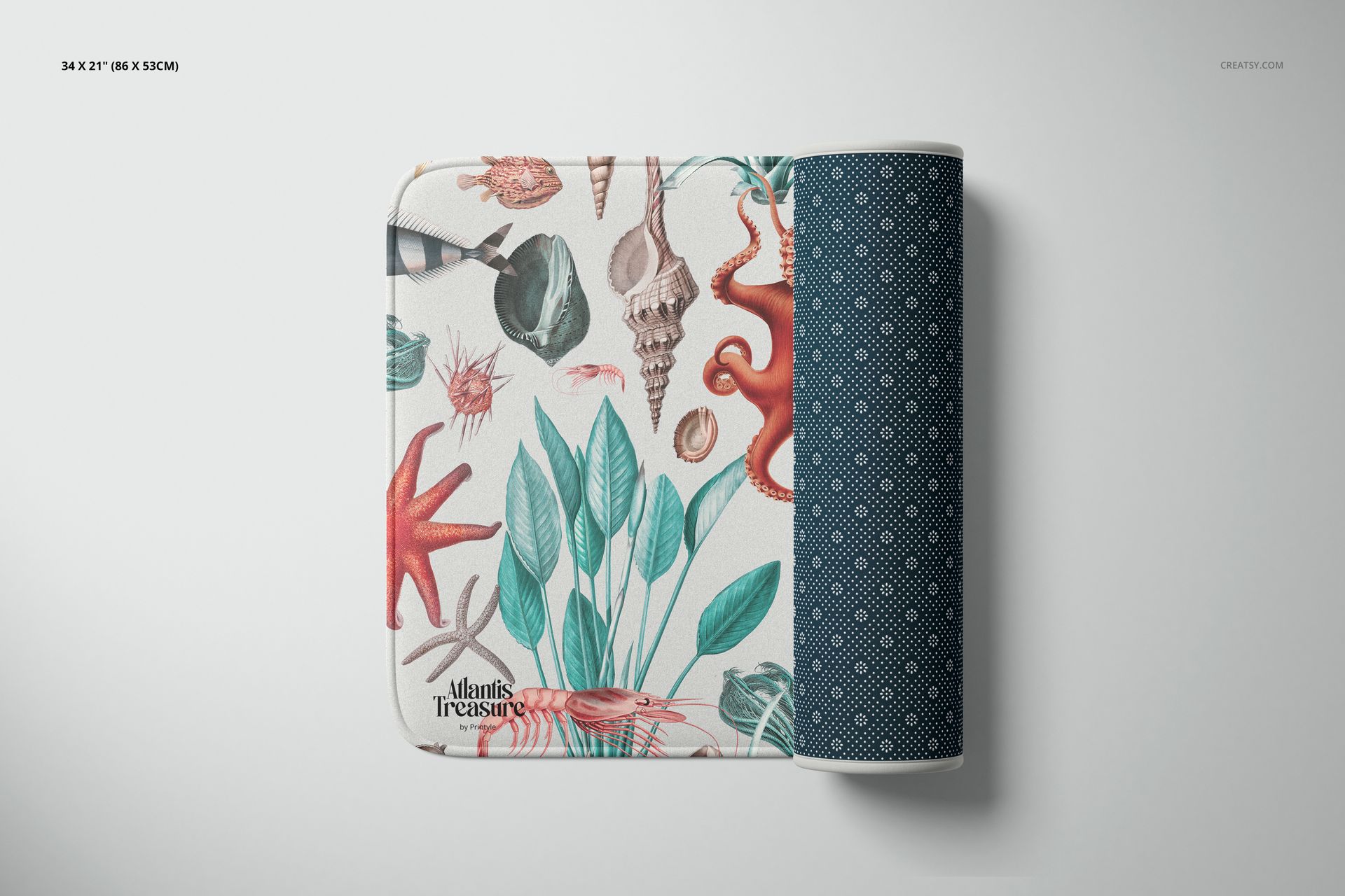 Microfiber bath rug with marine-themed illustrations and blue geometric pattern, shown in a folded top view mockup.