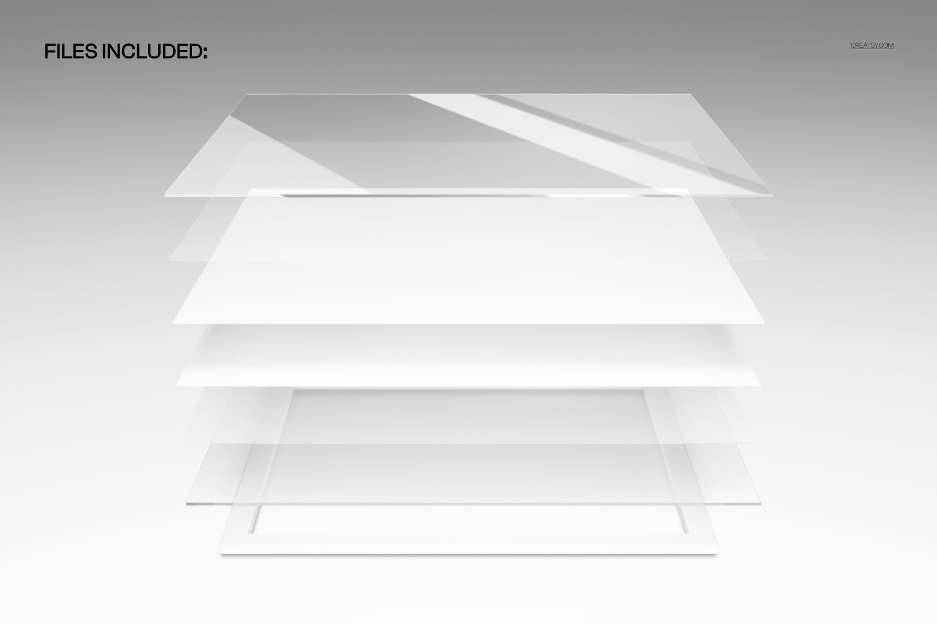Exploded view of a glossy acrylic print mockup showing layered transparent and white panels on a neutral background.
