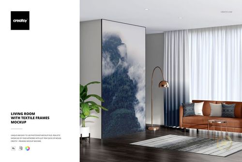 PSD mockup of a stylish living room with a tall textile frame, copper lamp, and sheer curtains beside a sofa.