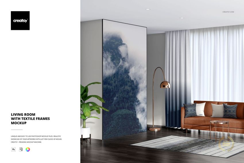 PSD mockup of a stylish living room with a tall textile frame, copper lamp, and sheer curtains beside a sofa.