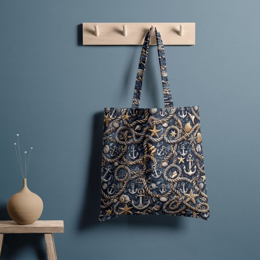 Tote bag mockup featuring a nautical-themed pattern with anchors, ropes, and shells, hanging on a wooden hook against a blue wall.