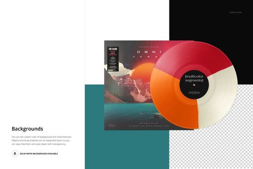 Vinyl record mockup with multi-color segments displayed beside a scenic album cover, shown from a top perspective.