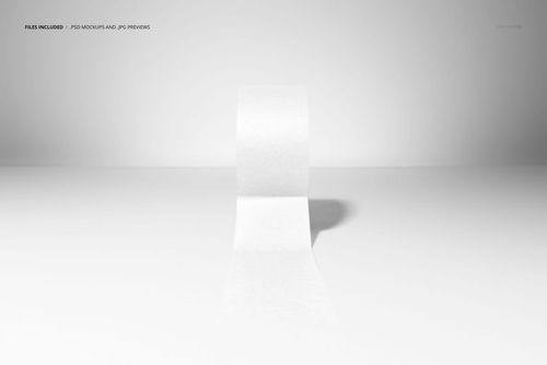 Packaging tape mockup showing a single roll with white tape unrolled across a smooth surface, front perspective.
