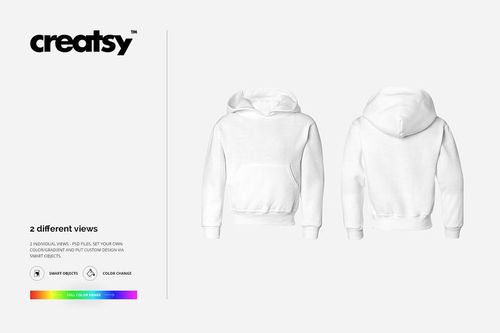 Kids hoodie mockup featuring two white hoodies, front and back view, displayed on a plain light background.