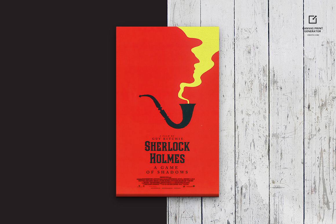 Rectangular canvas print mockup featuring bold red and yellow artwork, positioned against a black and white wood backdrop.