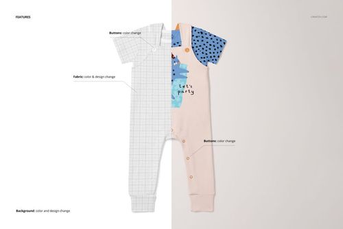 Toddler t-shirt and overalls mockup shown from the front, with one half displaying a grid template and the other half featuring colorful patterns.