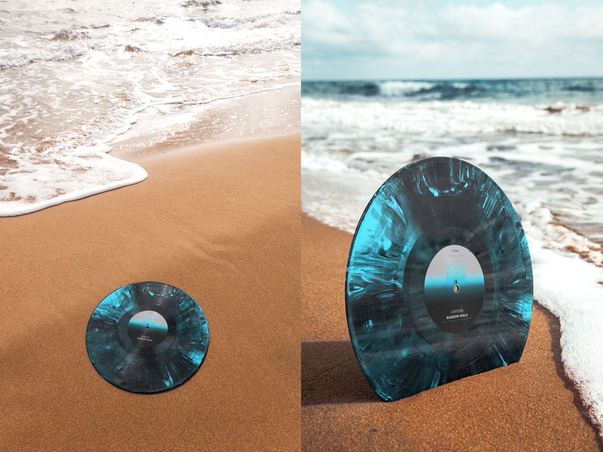 Blue and black marbled vinyl record mockup placed on wet sand by the ocean, featuring front and side perspectives.
