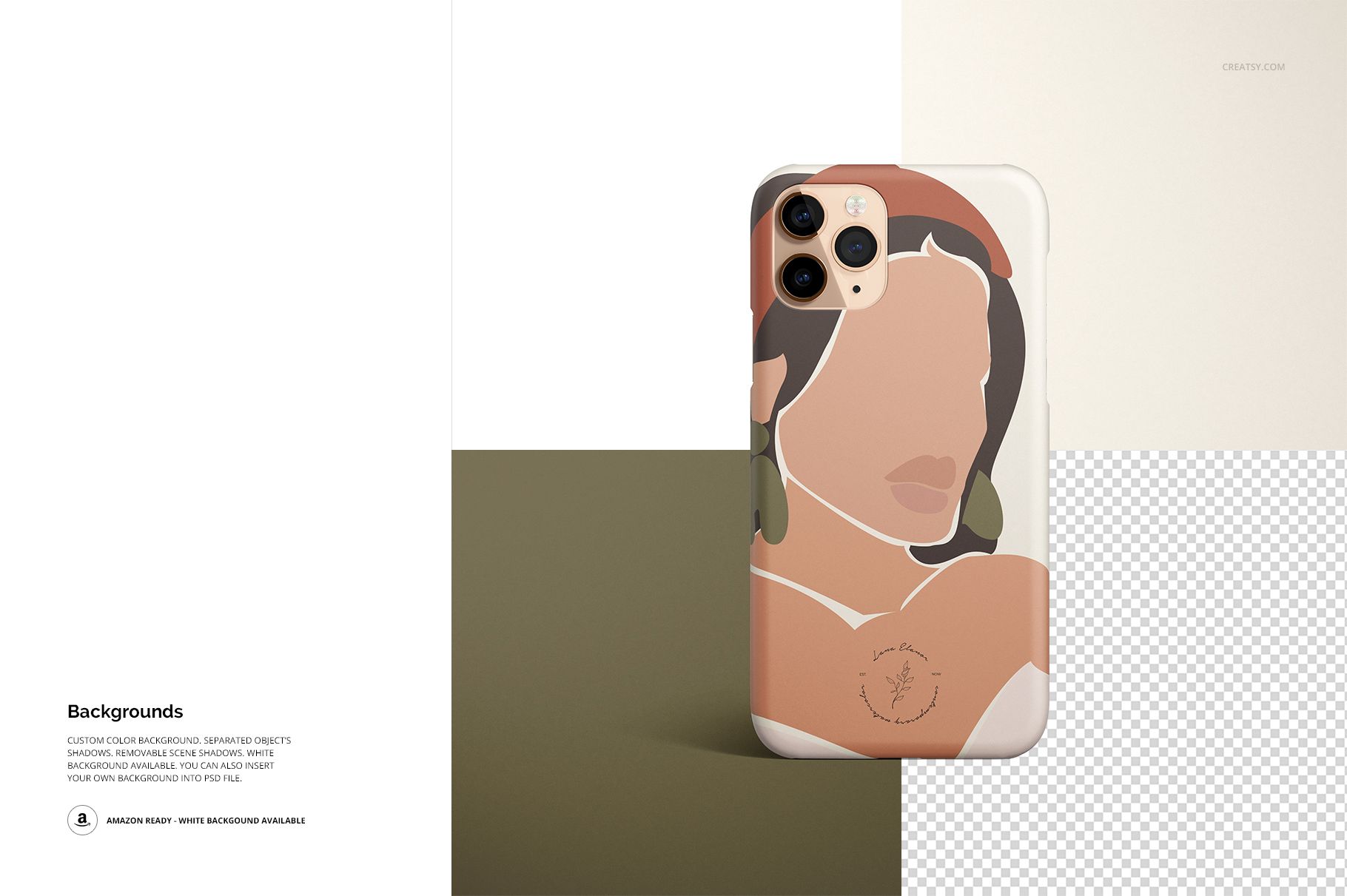 Front view of an iPhone 11 Pro matte snap case mockup featuring abstract artwork in earthy tones on a geometric background.