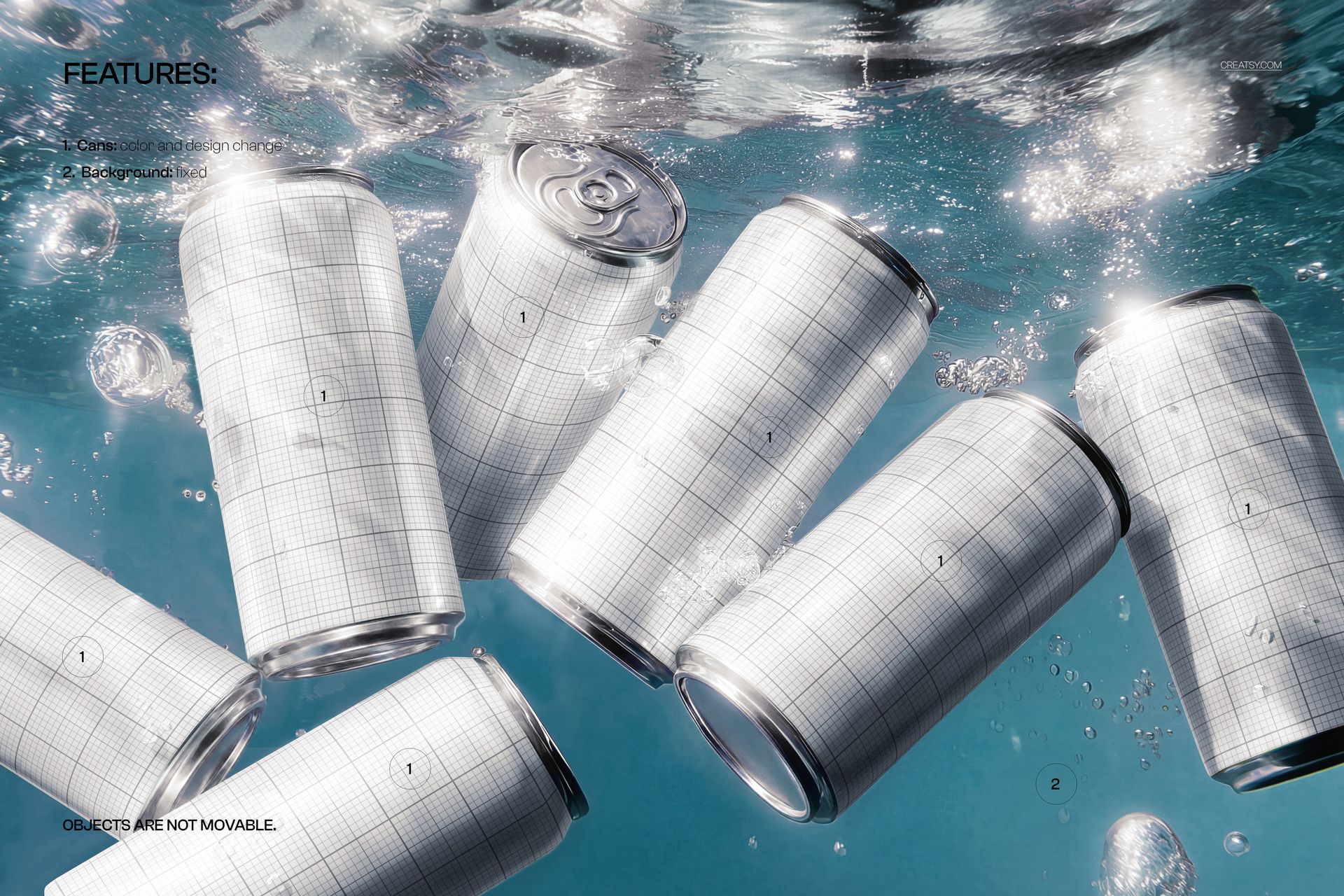 Six aluminum soda cans underwater with bubbles, grid pattern labels, and caustic light, wide front view mockup.