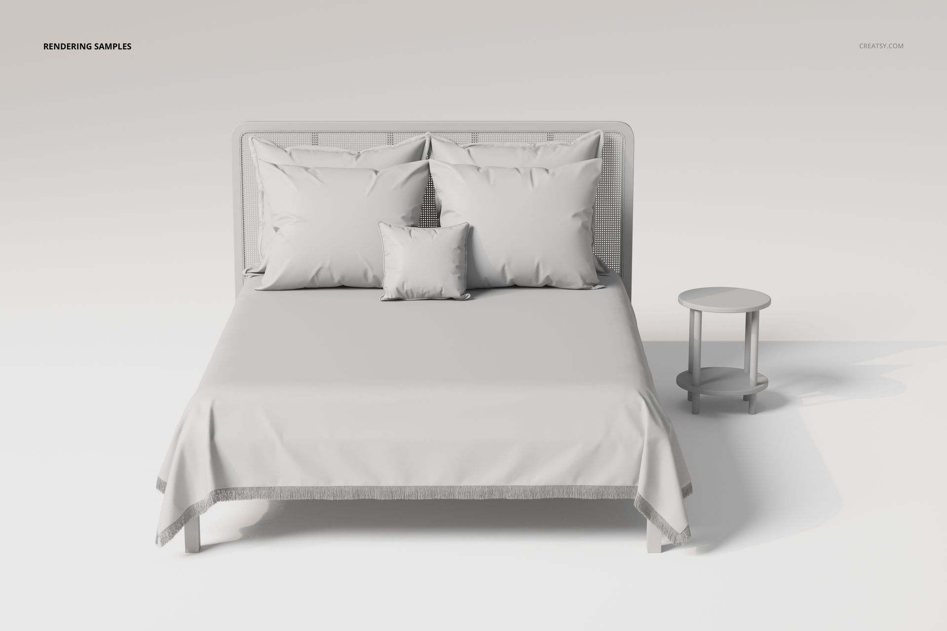 Front view of a bed with a rattan headboard and fringed bedspread, accompanied by three pillows and a round side table.