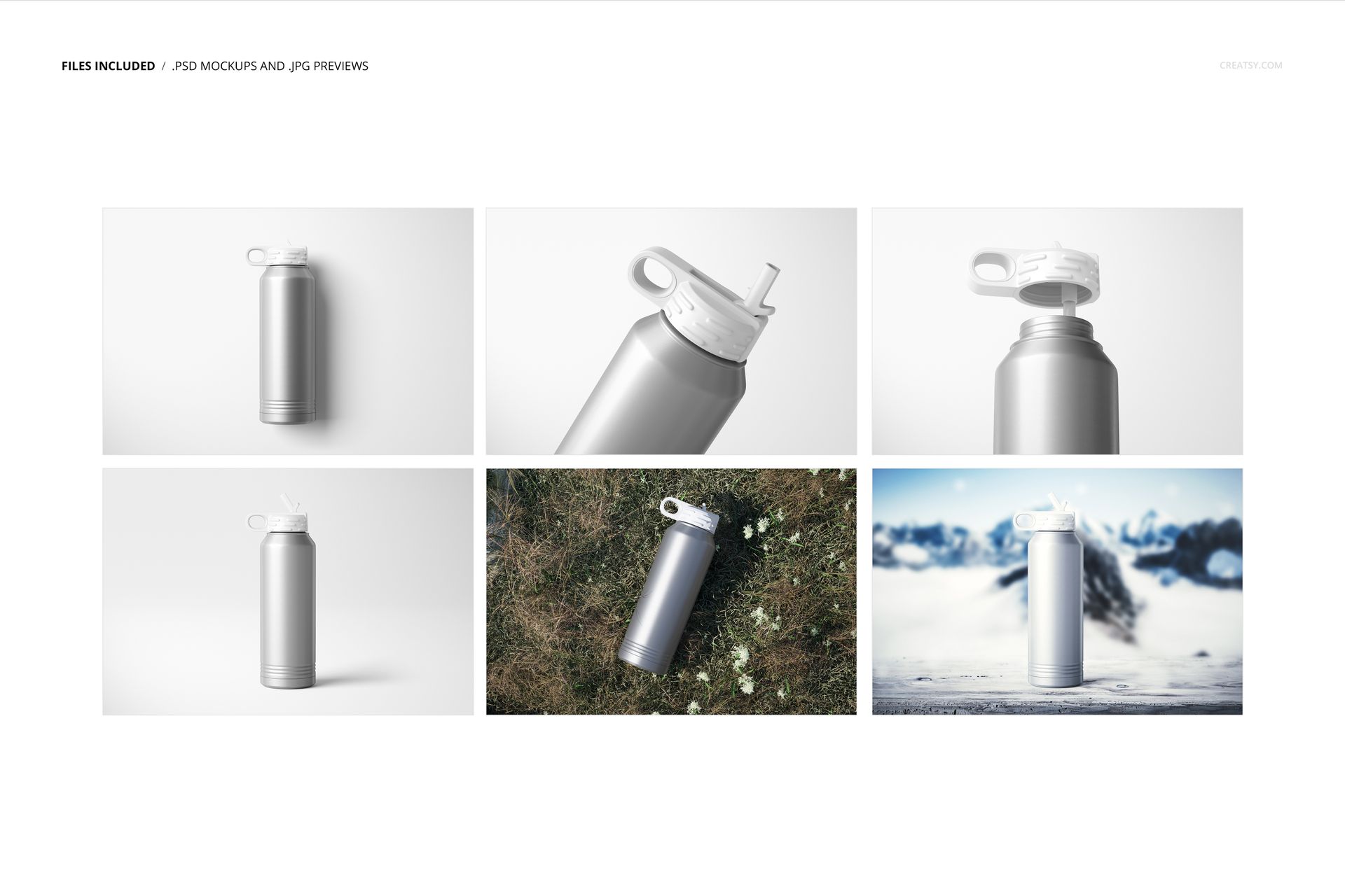 Stainless steel water bottle mockup set showing a large silver bottle with white lid in various scenes and angles.