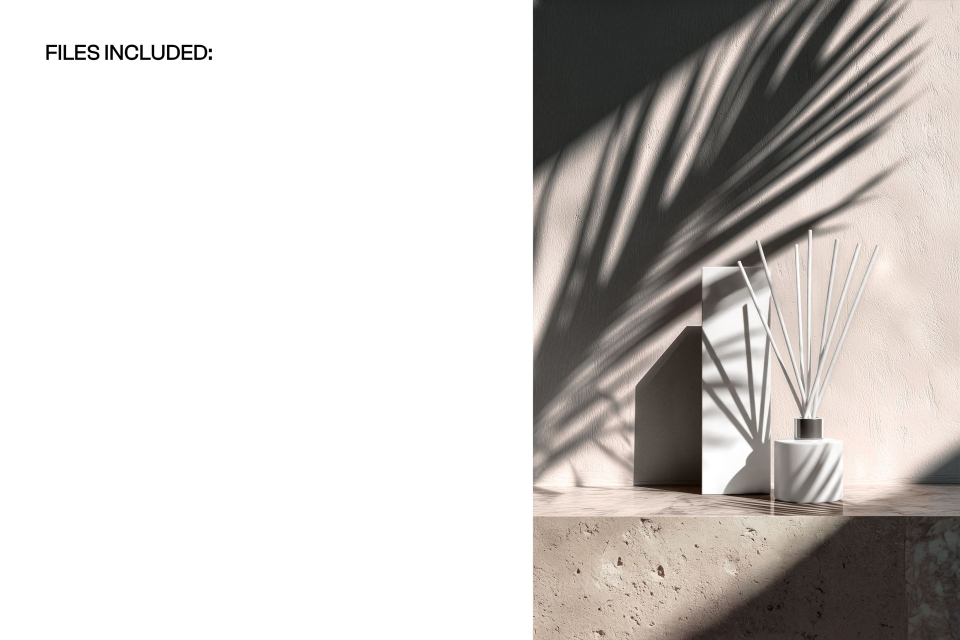 PSD mockup showing a reed diffuser and box on a stone surface, with palm leaf shadows cast on the wall.