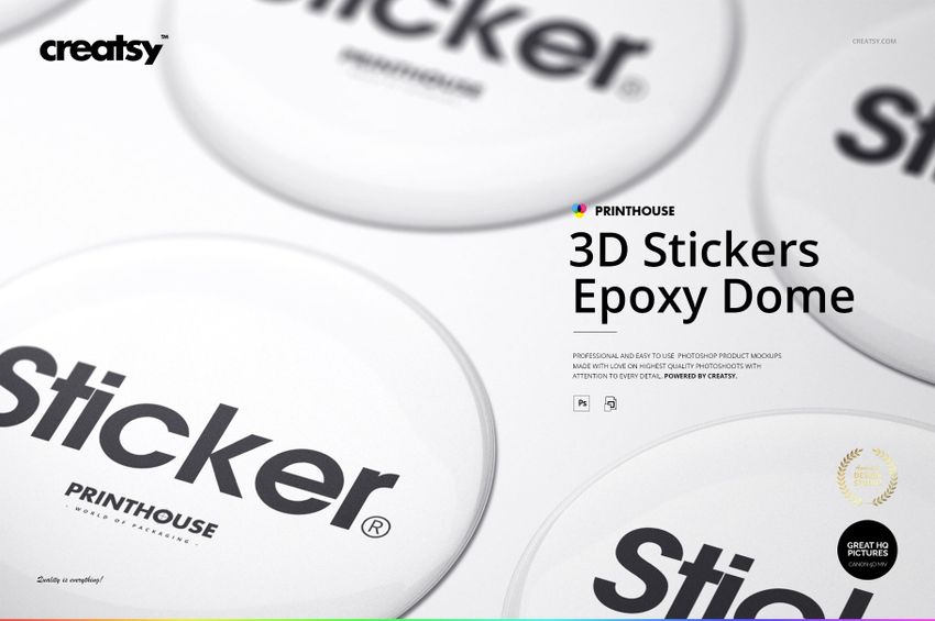 Front angle of circular epoxy dome stickers mockup featuring black lettering on glossy white surfaces.