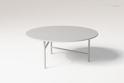 Round coffee table with a smooth marble top and minimalist metal legs, shown from a front angled perspective on a plain background.