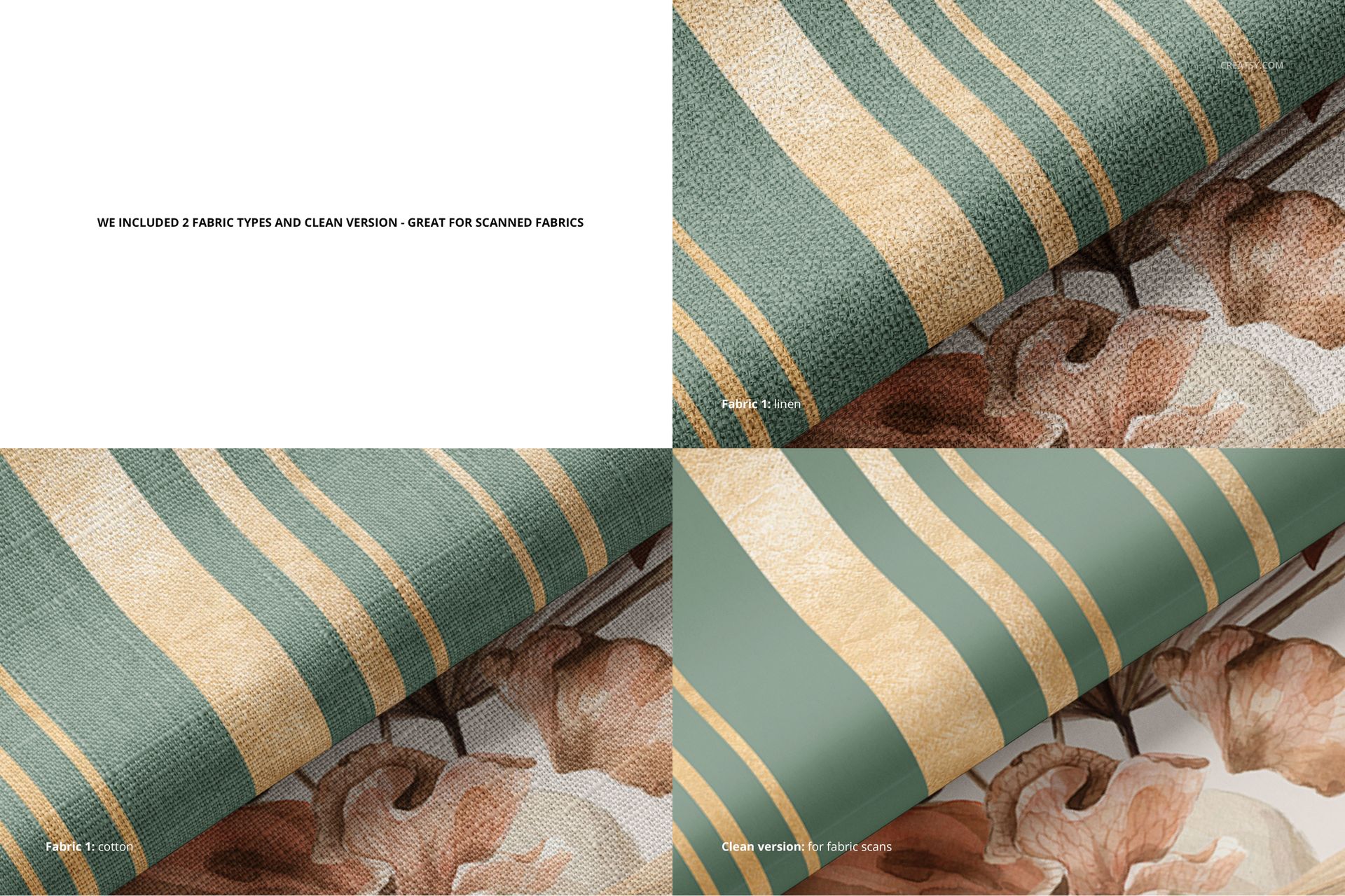 Close-up view of fabric mockup with striped and floral designs, displaying texture and color variations in four sections.