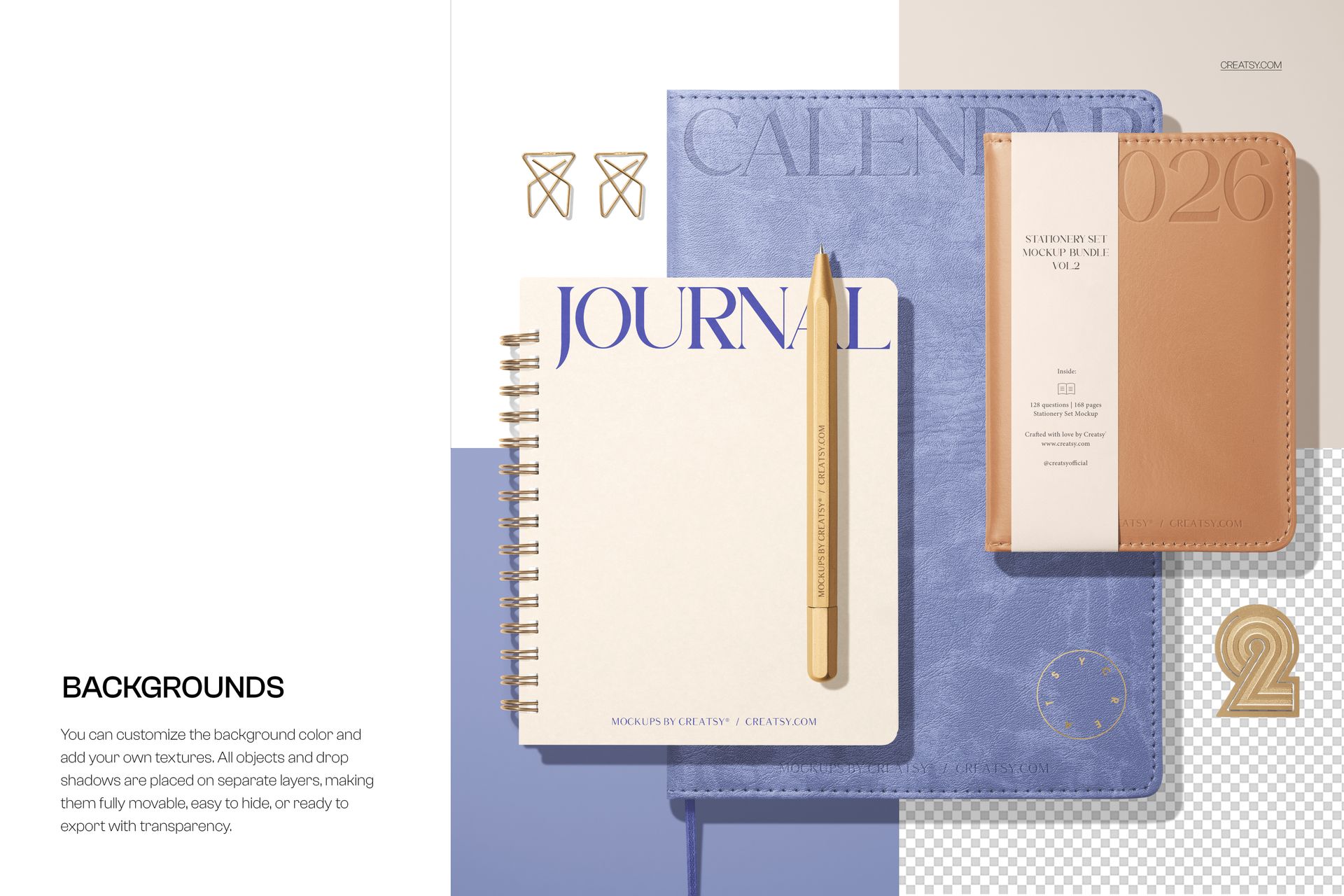 Top view of a leather spiral journal, pocket calendar, and blue calendar mockup arranged on a neutral background.
