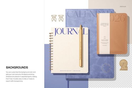 Top view of a leather spiral journal, pocket calendar, and blue calendar mockup arranged on a neutral background.