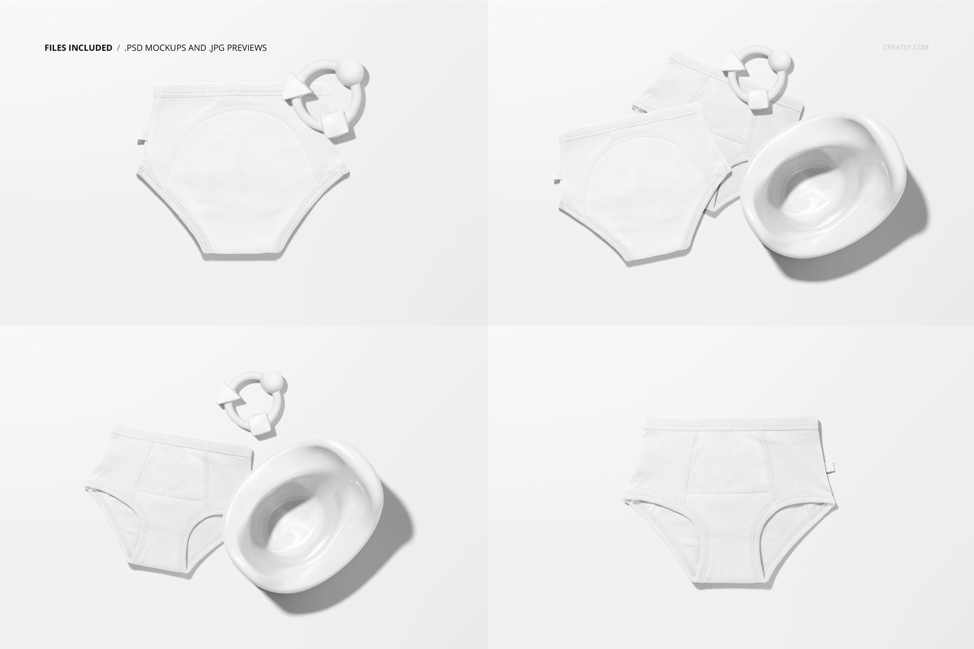 Toddler training pants mockup set shown in four views with a white potty and pacifier, arranged on a clean surface.