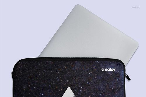 Laptop sleeve mockup featuring a starry night design, with a visible zipper and a silver laptop underneath.
