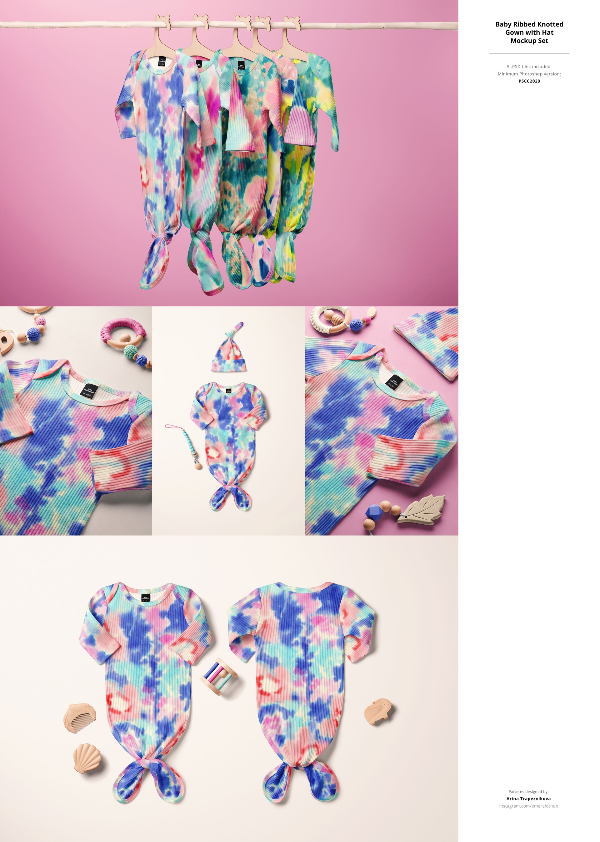 PSD mockup featuring baby knotted gowns in bright tie-dye colors, styled with wooden toys and pastel props from various angles.