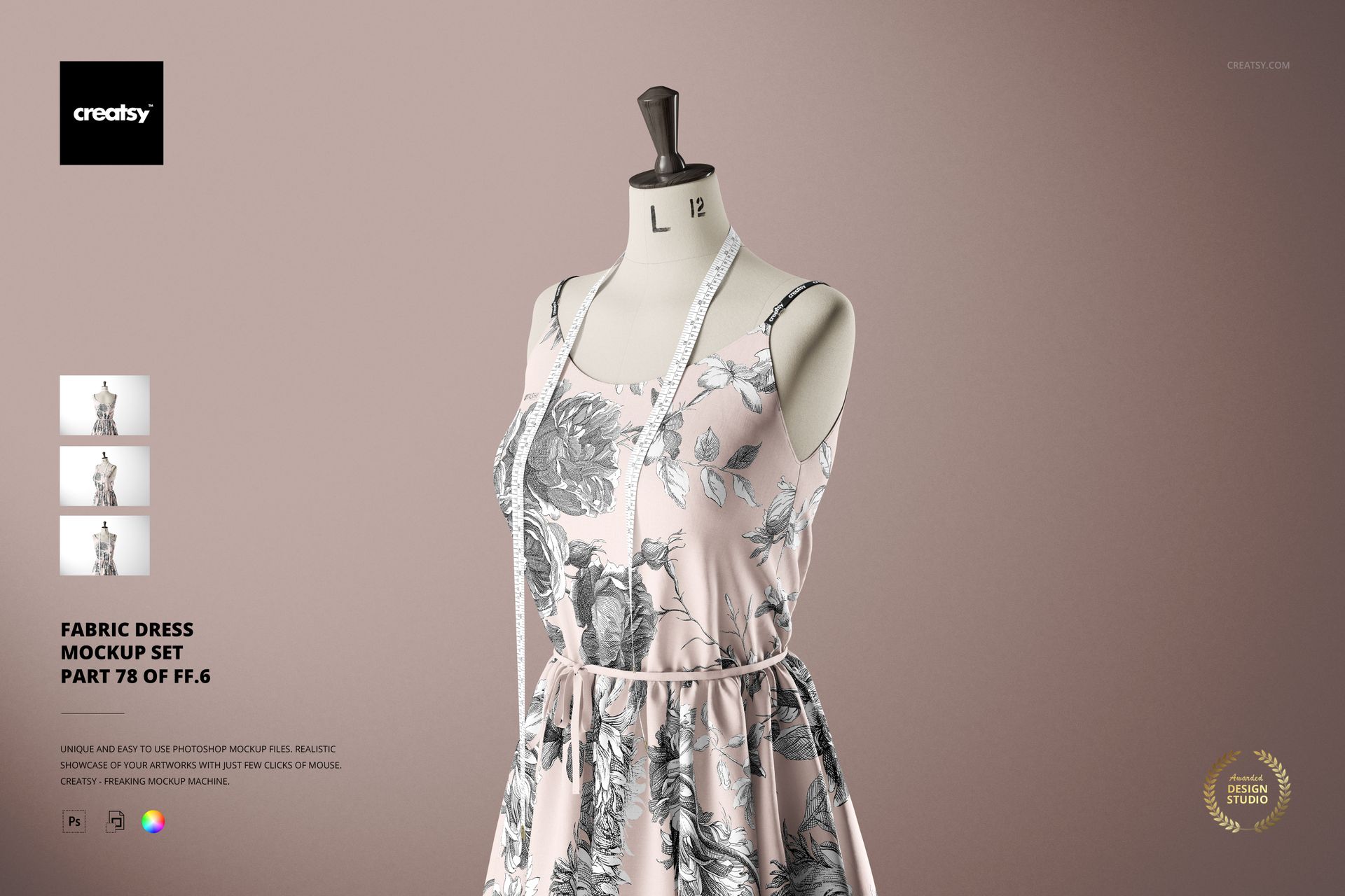 Mockup of a floral-patterned dress displayed on a mannequin, featuring a measuring tape and soft beige backdrop.