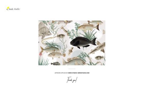 Fabric mockup featuring a realistic fish pattern with aquatic plants, viewed from the front on a white background.