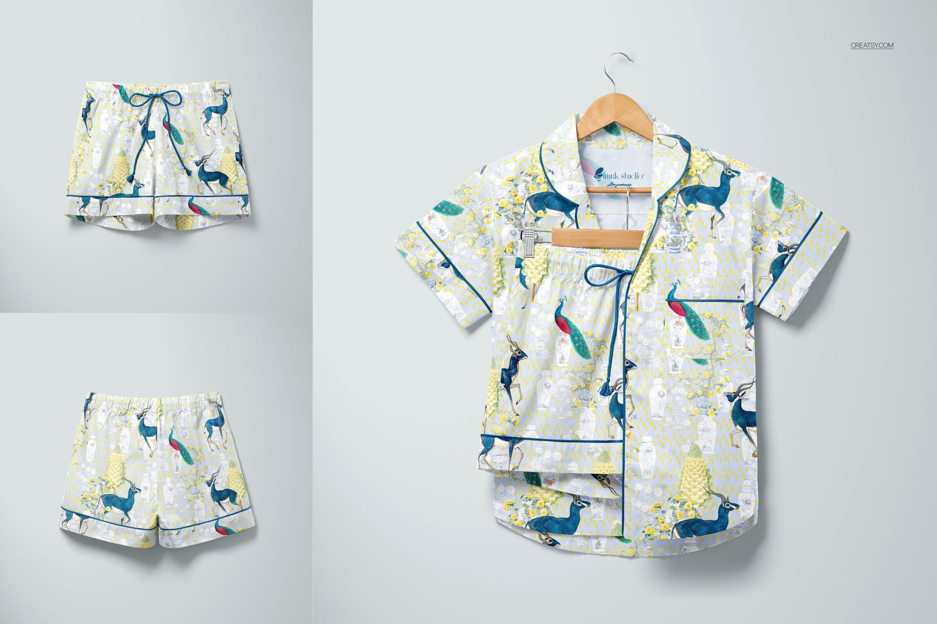 PSD mockup of sleepwear set featuring a button-up short-sleeve top and matching shorts with decorative nature motif.