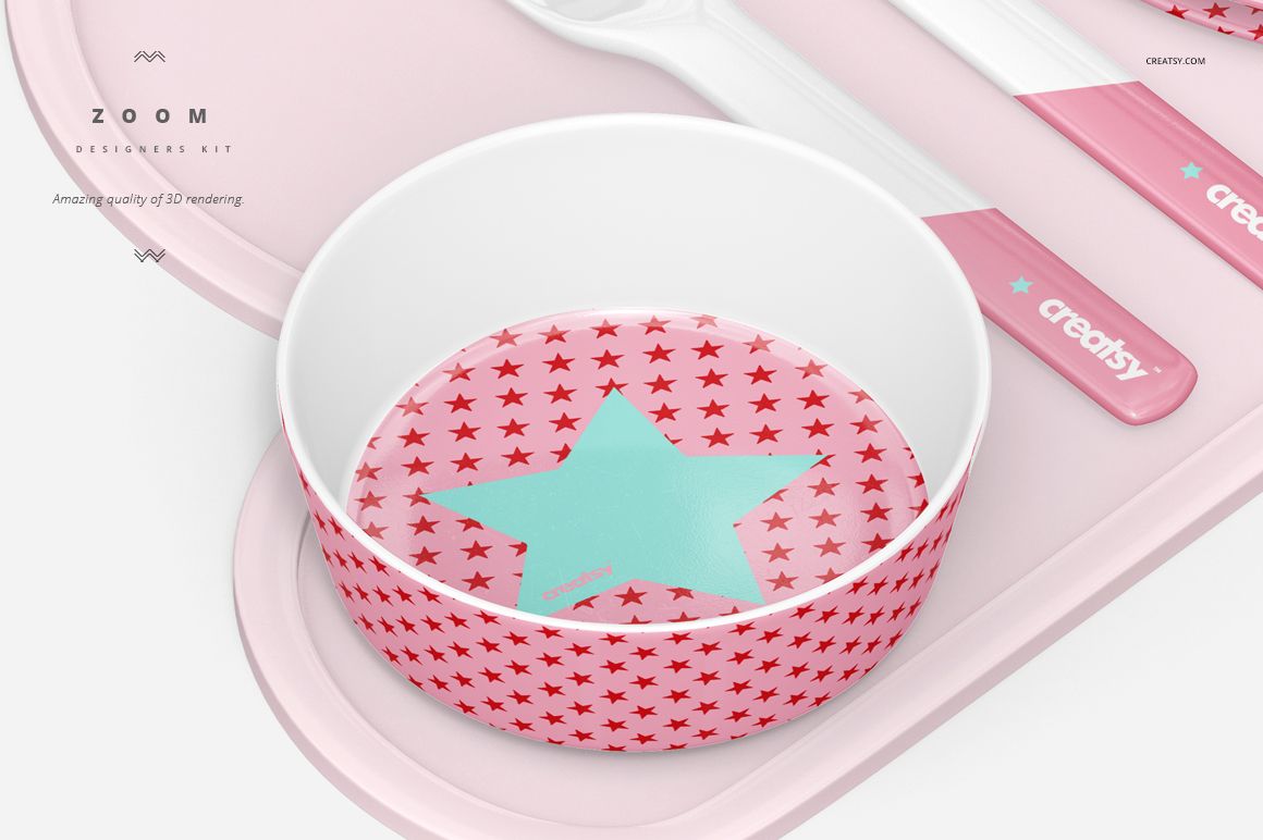 Melamine dinnerware mockup featuring a white bowl with red stars and teal star, placed on a pastel pink tray.