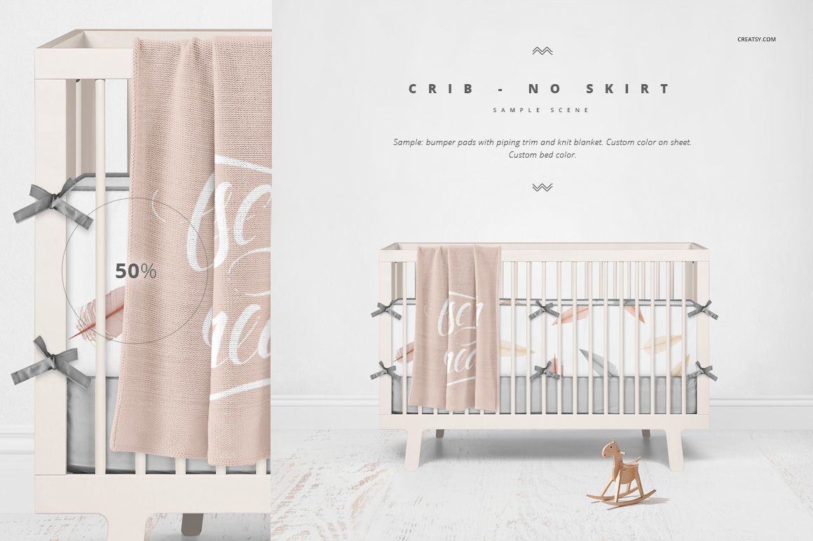 Neutral crib bedding mockup scene with a light-colored crib, pale pink blanket, and decorative bumper pads.