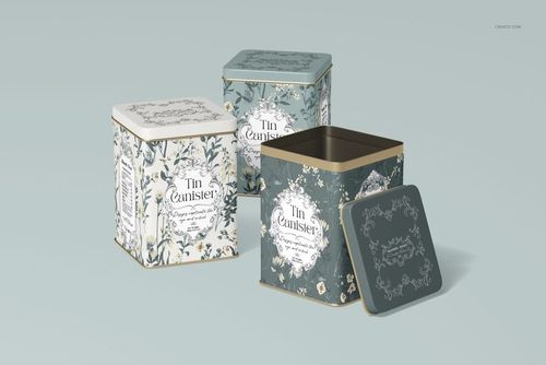 Tin canister PSD mockup set featuring floral patterned containers in green and white, with lids and open canister visible.