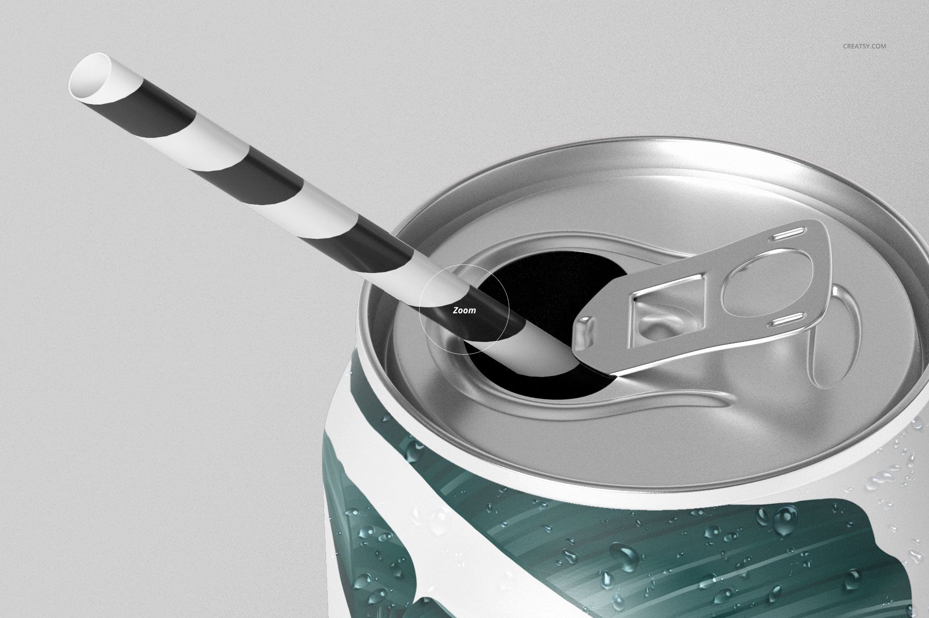 Top view of a beverage can mockup with a striped straw inserted, showing condensation and a shiny silver lid.