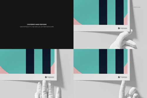 A3 fine art print mockup featuring abstract geometric design with three hand positions on a light background.