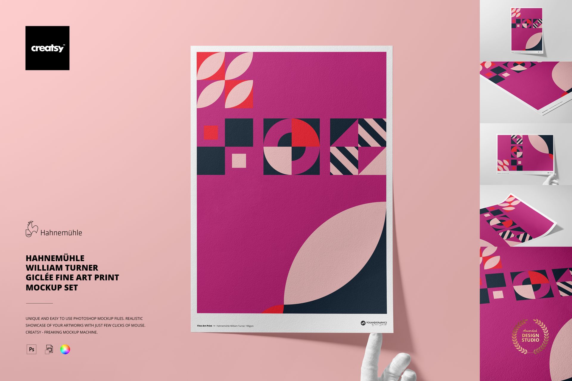 A3 fine art print mockup featuring geometric abstract patterns in pink, navy, and white, held by a gloved hand.