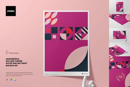 A3 fine art print mockup featuring geometric abstract patterns in pink, navy, and white, held by a gloved hand.