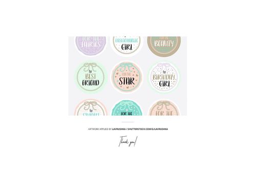 Cupcake toppers mockup featuring circular designs in soft pastel shades with various handwritten phrases, top view.