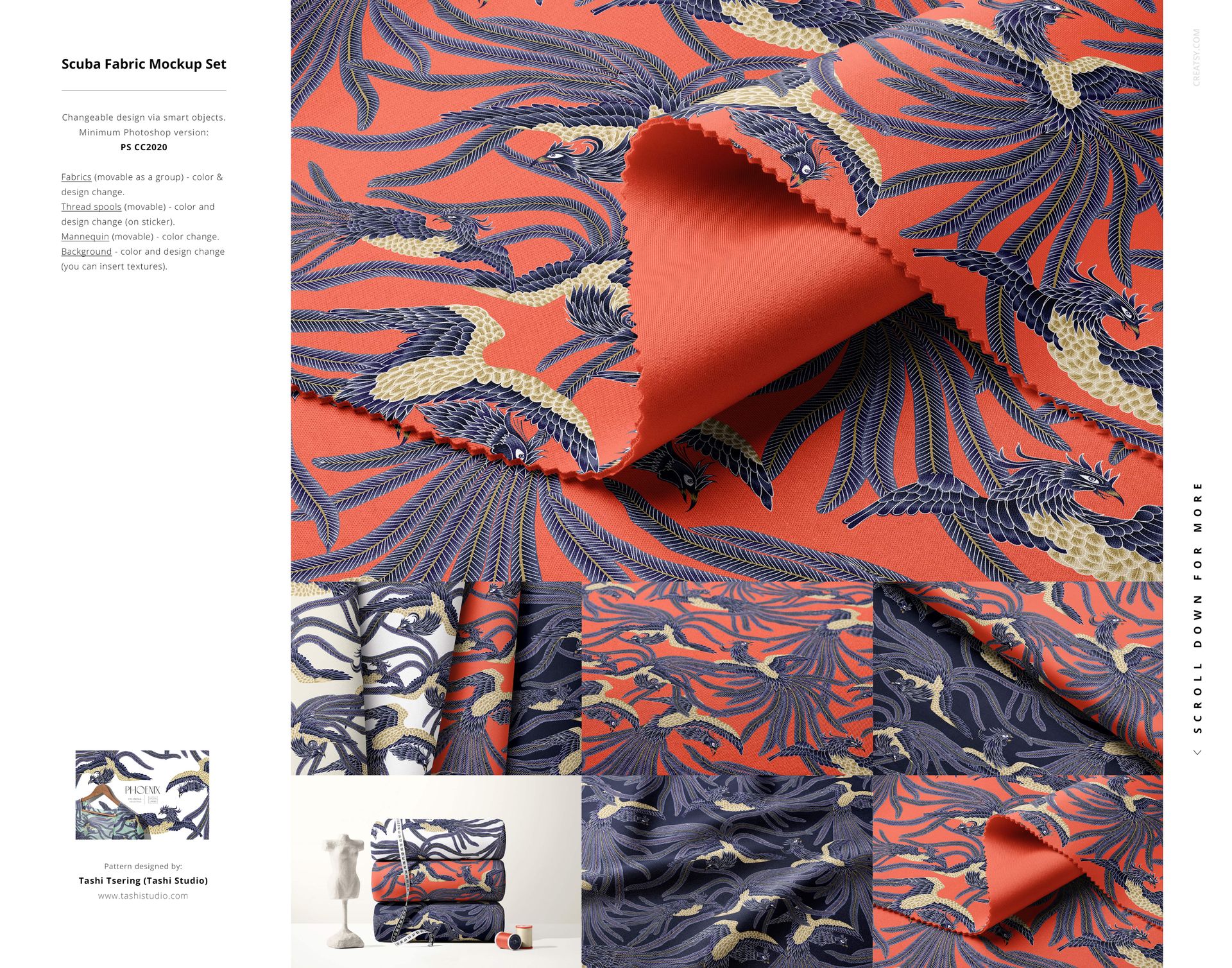 Front view of folded fabric with a vibrant orange base and intricate blue and gold crane pattern, shown in a mockup scene.
