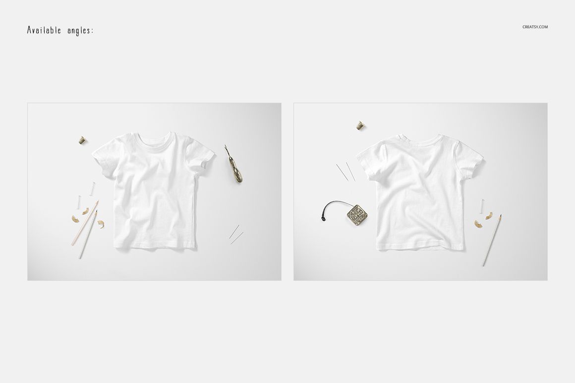 PSD mockup showing a baby t-shirt in white, presented from both front and back angles with minimal props on white background.