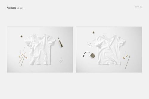 PSD mockup showing a baby t-shirt in white, presented from both front and back angles with minimal props on white background.