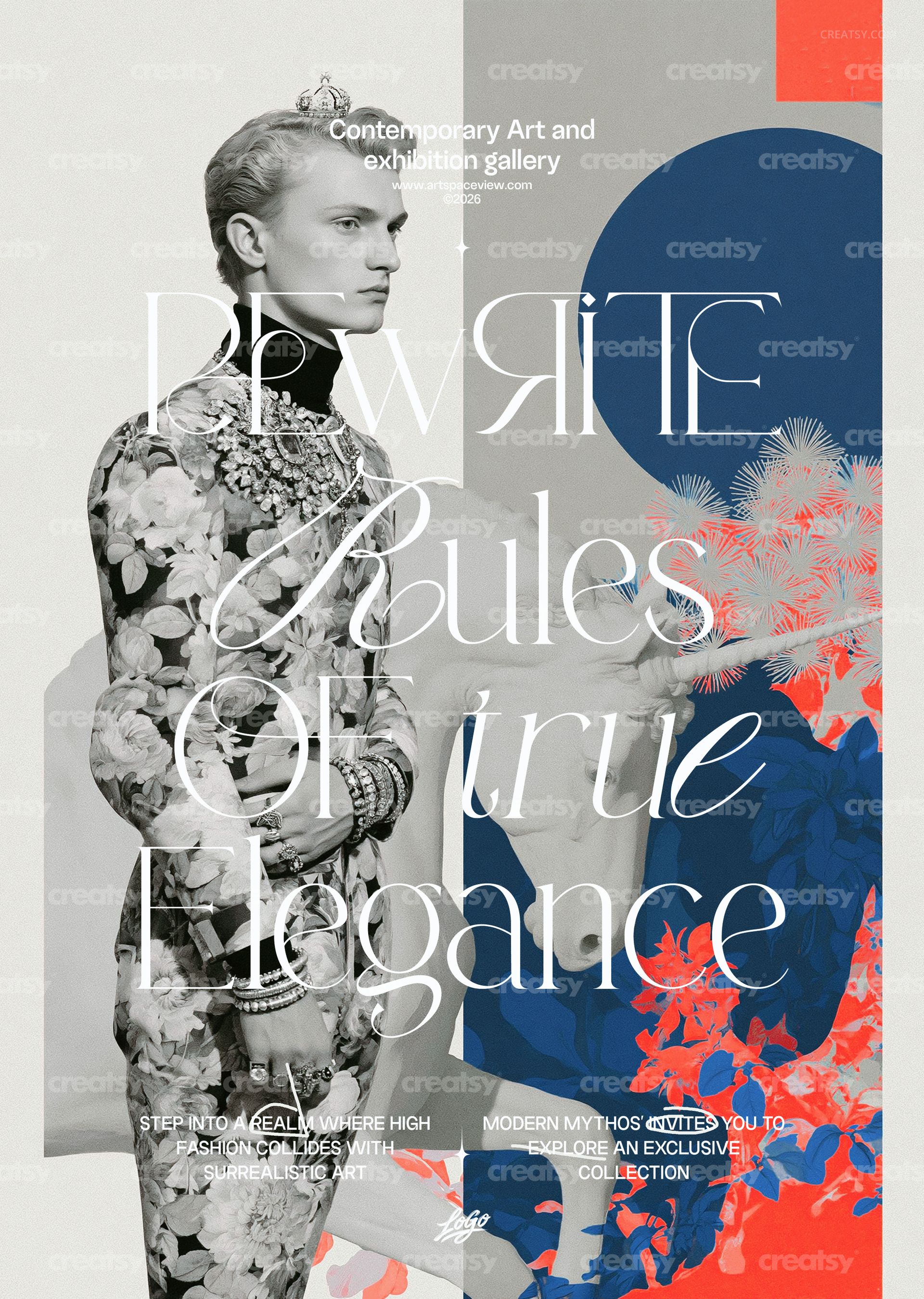 PSD mockup poster with a floral prince wearing a crown, grayscale tones, ornate text overlay, and artistic composition.
