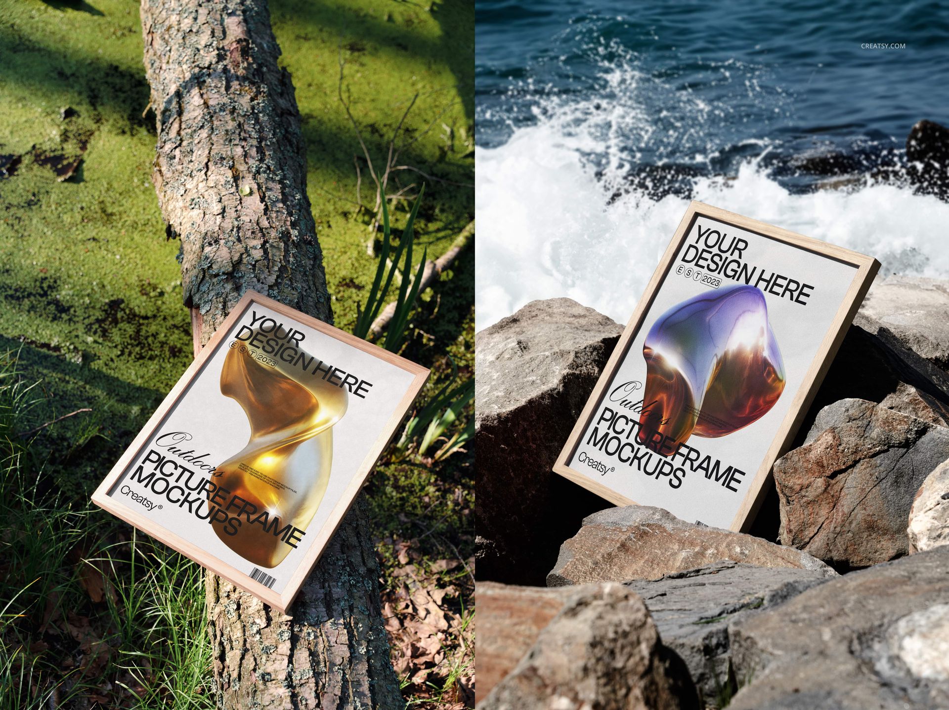 Wooden picture frame mockup displayed outdoors, one on a mossy log and another on rocks near ocean waves.