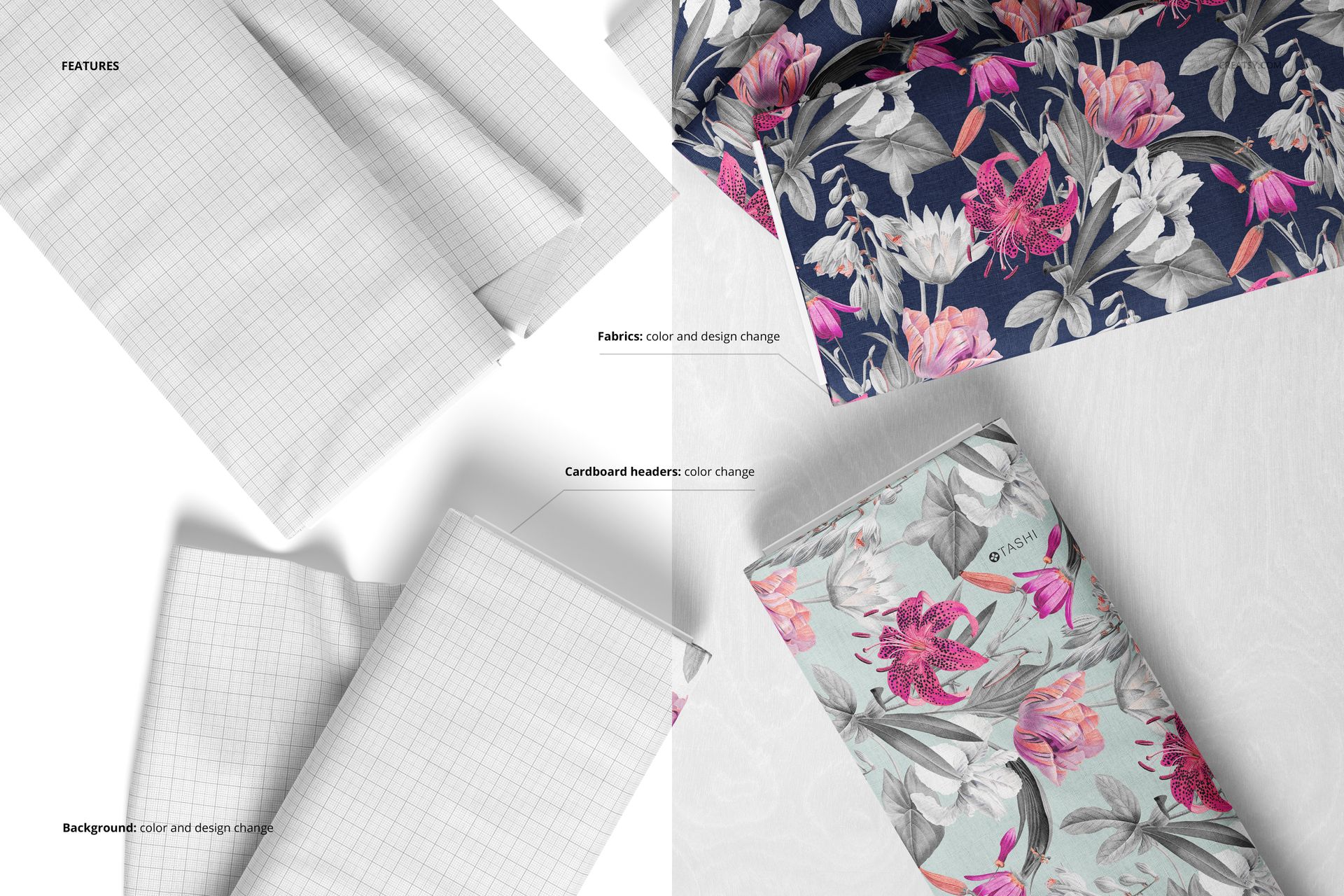 Assorted fabric bolts arranged with visible grid and floral prints, highlighting editable mockup features and textures.