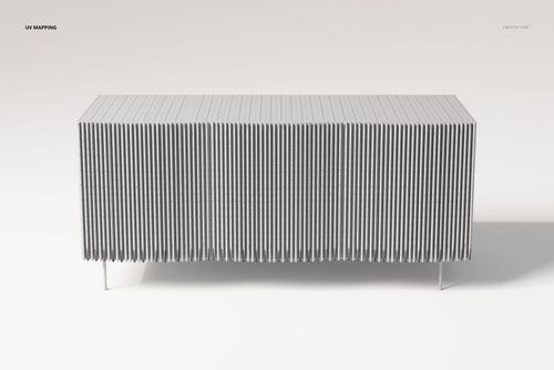 Front view of a Japandi style sideboard with vertical slatted veneer design in light gray, set against a plain background.