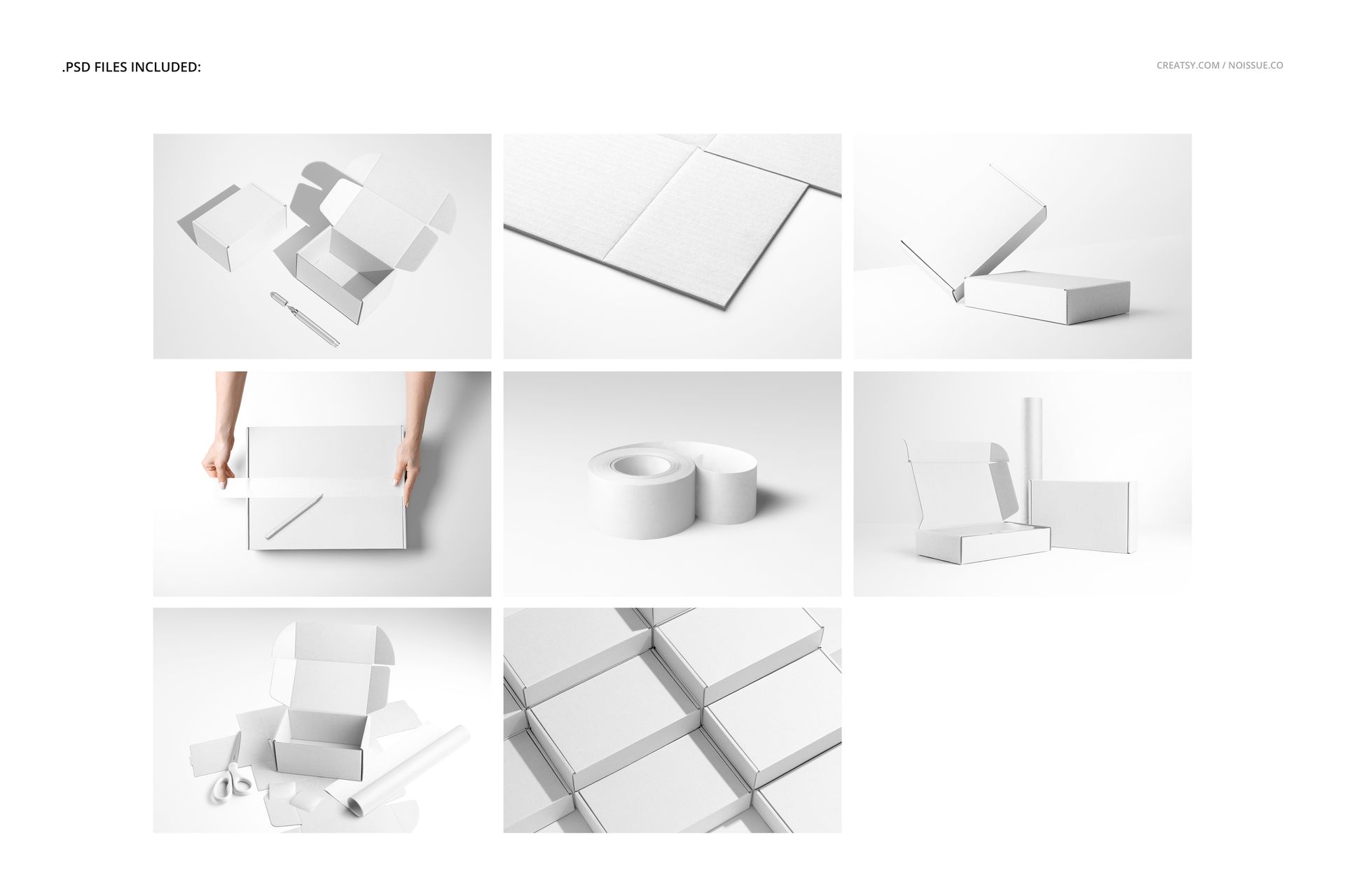 Collage of white mailing box mockups in various angles, including open, closed, stacked, and with packaging props.