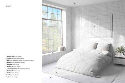 Mockup of double bed featuring white bedding with subtle grid lines, bright natural light, and minimalist decor.