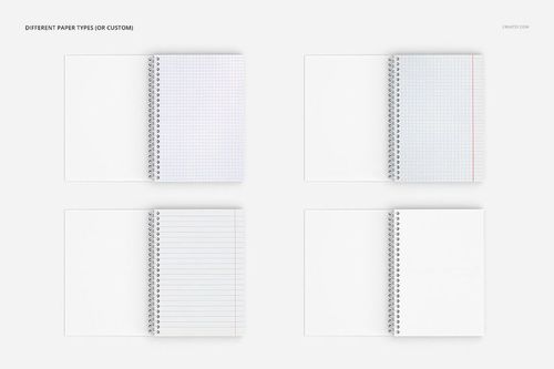 Notebook mockup set showing four open spiral-bound notebooks with various paper designs including grid and lined sheets.